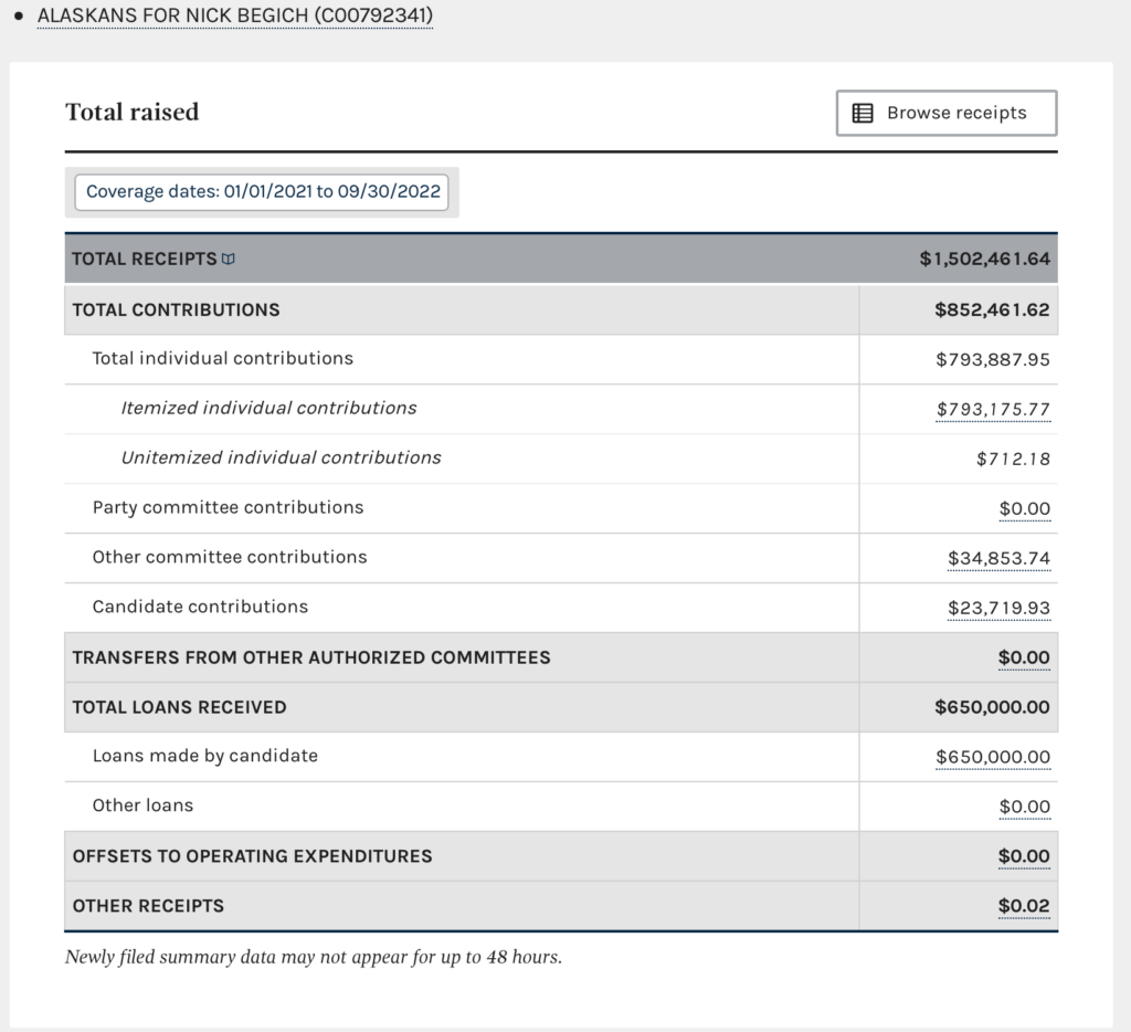 Screenshot of Begich's FEC filing